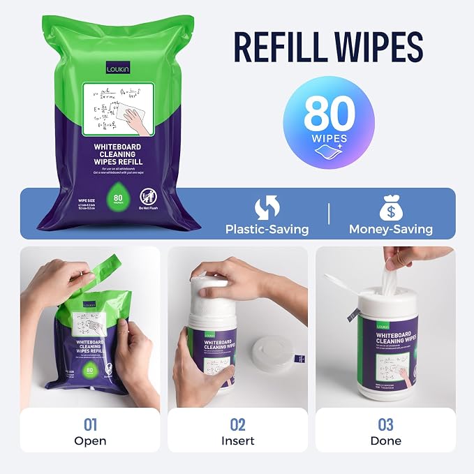 loukin 100 Whiteboard Wipes with 80 Refill Wipes, Non-Toxic Dry Erase Wipes, Whiteboard Cleaner Wipe for Classroom, School, Office