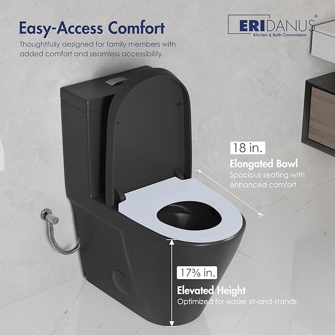 Eridanus One Piece Toilet with Comfort Chair Seat ADA Height 17.3", Powerful Dual Flush Modern Toilet, 1.1/1.6 GPF, 12" Rough-In, Elongated Toilet with Soft Closing Seat, Matte Black