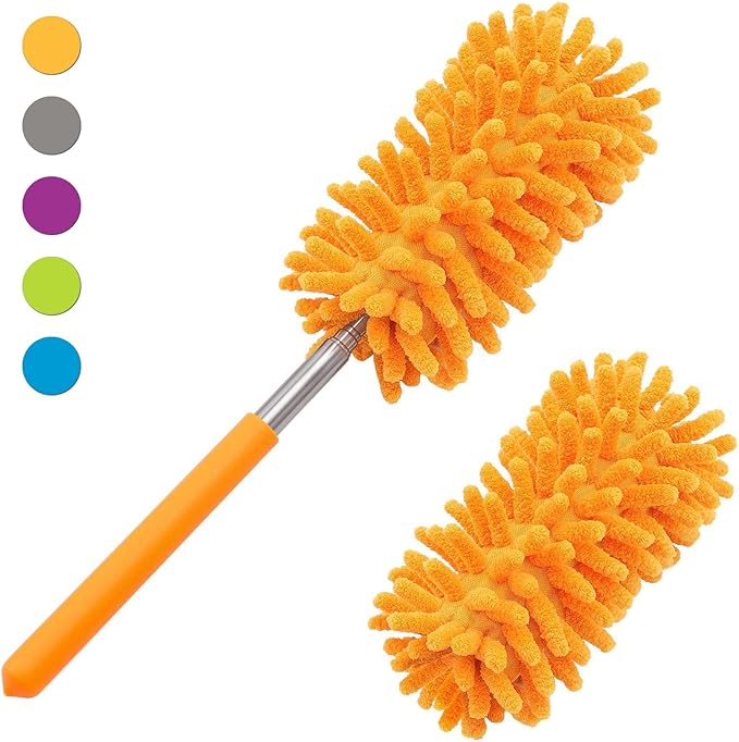 Duster for Cleaning, 10-29" Extension Pole, 2 Washable Heads, Yellow | Microfiber Heads, Wet Or Dry, Detachable, Hand Washable, Easy Storage, For Cars, Offices, Windows, Furniture And Ceiling Fans