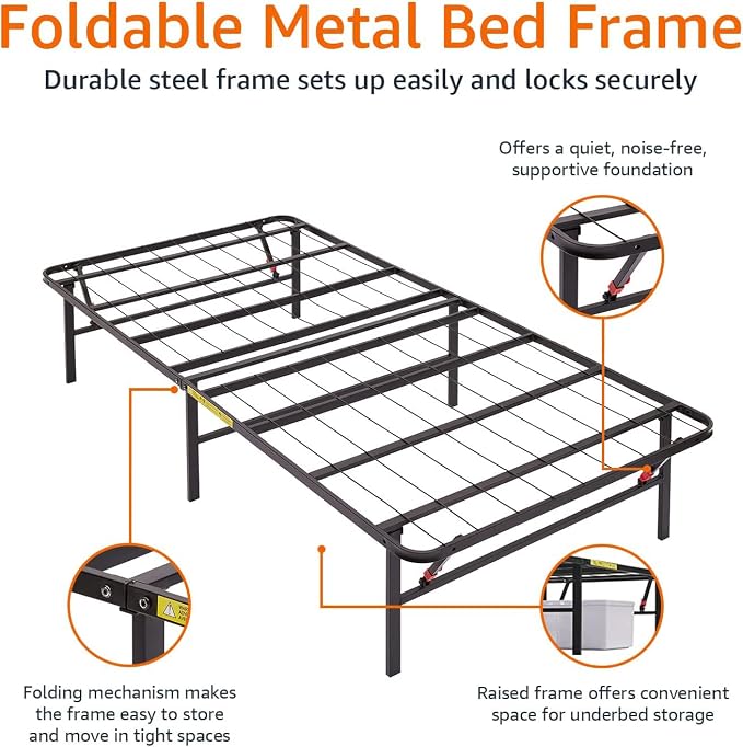 Amazon Basics Foldable Metal Platform Bed Frame with Storage, Sturdy Steel Support, No Box Spring Needed, 14-inch High, Tool-Free Setup, Twin Size, Black