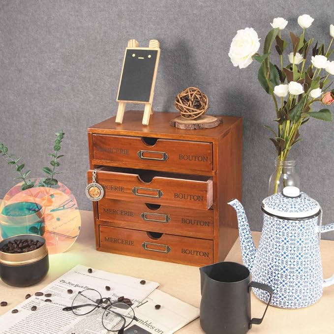 Small Wooden Drawers Wooden Box with Drawer Brown | 4 Drawer Storage Box for Apothecary Cabinet, Apothecary Drawers，Desktop Organizer with Metal Handles for Office，Home