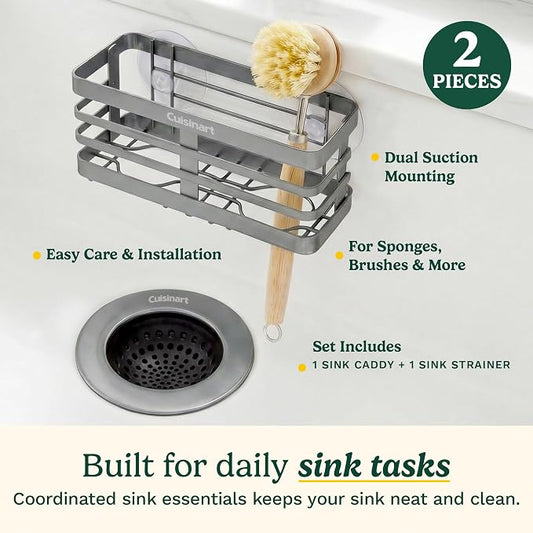 Cuisinart 2 Piece Sink Set – Sink Drain Strainer with Stainless Steel Rim & Silicone Mesh Base & Sponge Holder for Kitchen Sink, Metal Caddy with Triple Suction Cups, Daily Kitchen Essentials