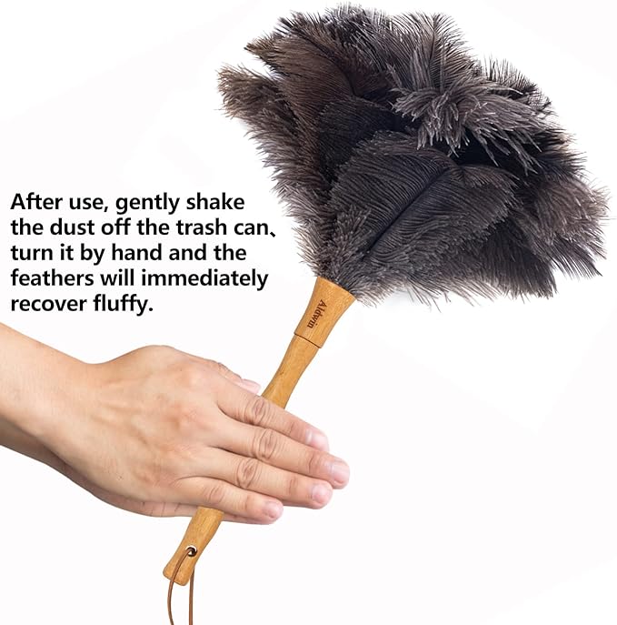 Aldwin 16" Gray Ostrich Feather Duster for Cleaning with Wooden Handle | Genuine Natural Fluffy Ostrich Feather Handheld Duster, Reusable and Washable, Cleaning Supplies for Home, Car, Office, Desk