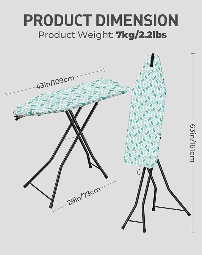 LyriFine Ironing Board, 2-in-1 Ironing and Steaming Board, Sturdy Steel Frame Iron Board with Non-Slip Feet, Heat Resistant Cover Iron Board, Foldable Compact Ironing Board with Hook, 14″ x 43″ Green