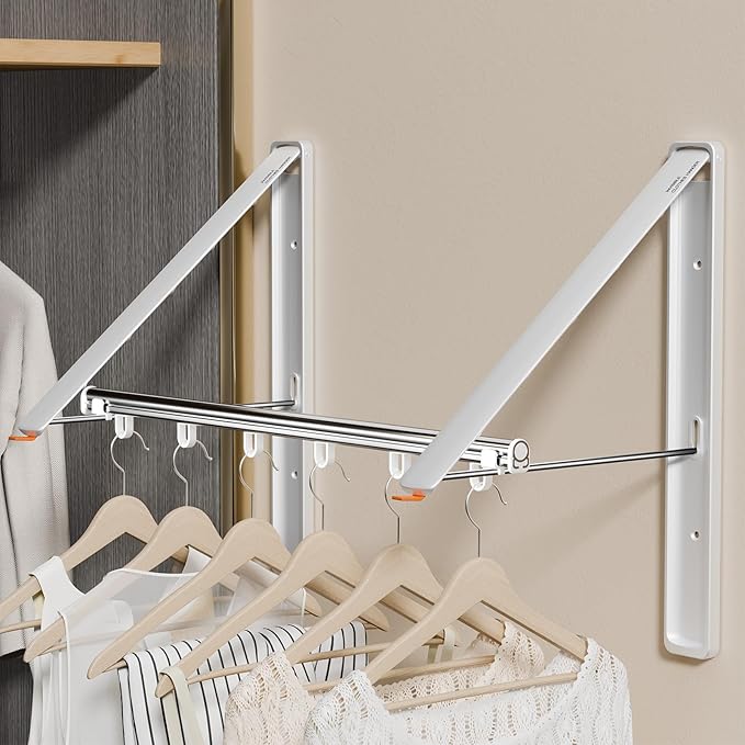 Folding Clothes Hanger Rack Wall mounted for Laundry Clothes Drying Rack | Foldable Hanger Rack Laundry Hanger Dryer Rack, Easy to Install, Closet Storage Organization, Space Saving White, 2 pcs &1Rod