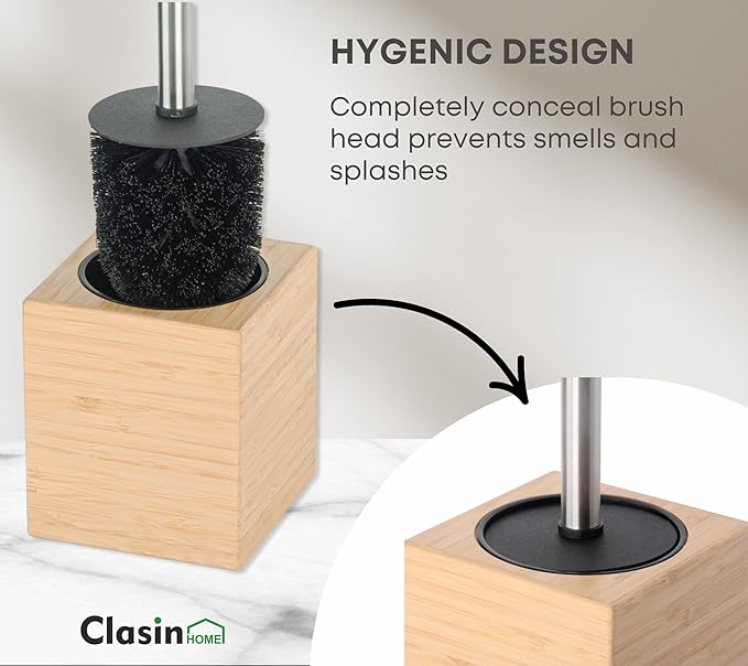 Clasin Home Toilet Bowl Brush Holder with Bamboo and Stainless Steel for Durable Use, Toilet Scrubber Brush with Long Handle for Easy Deep Cleaning, Compact Hidden Bathroom Toilet Cleaner Brush Set