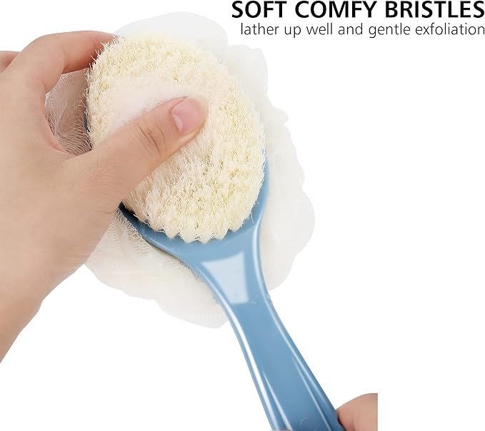 Shower Body Brush with Bristles and Loofah,Back Scrubber Bath Mesh Sponge with Curved Long Handle for Skin Exfoliating Bath, Massage Bristles Suitable for Wet or Dry, Men and Women (Black)