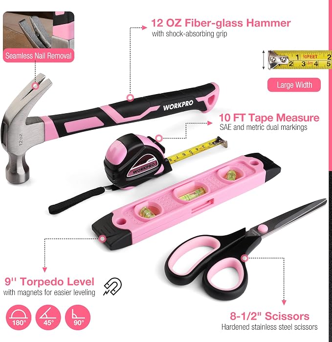 WORKPRO 277PCS Pink Tool Set, Portable Home Repairing Tool Kit for Women | with 13" Wide Mouth Open Storage Tool Bag, Home Tool Box Including Hammer, Screwdrivers, Pliers, Wrench and Household Tools
