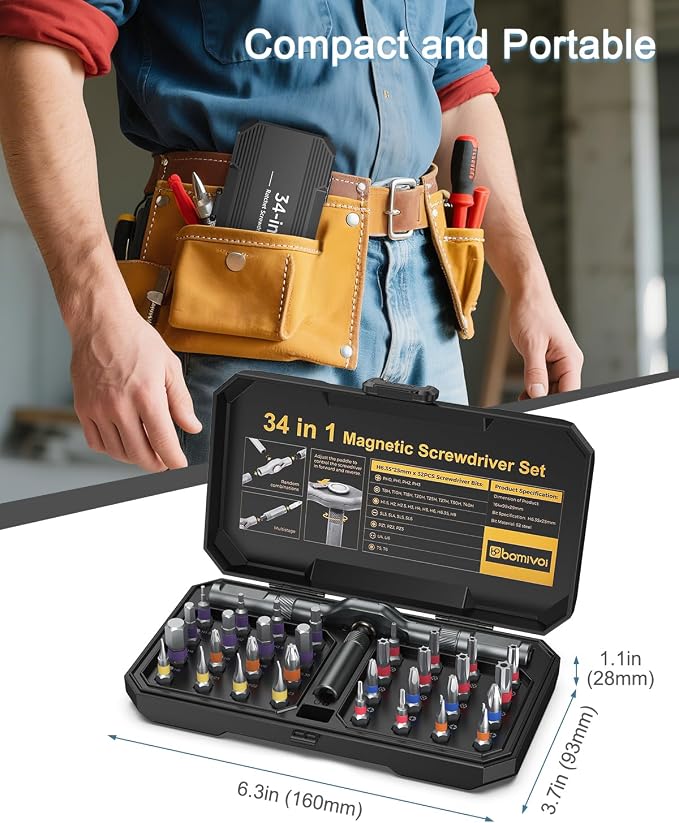 Magnetic Screwdriver Set 34 in 1, New DIY Ratchet Screwdriver Set with 32 PCS Bits, T Handle, Storage Case, Portable Repair Tool Kit for Men Valentine's Day Gifts Furniture, Computer, Bicycle