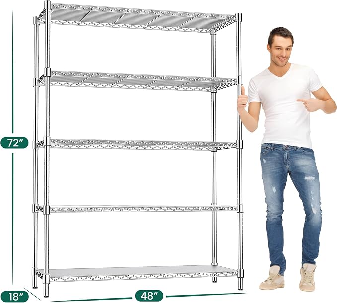 48" W Garage Shelving 1875 LBS Heavy Duty Wire Shelving Unit, Metal 5-Tier Adjustable Steel Storage Rack with Liners, 48" W x 18" D x 72" H for Pantry Kitchen Commercial, Chrome