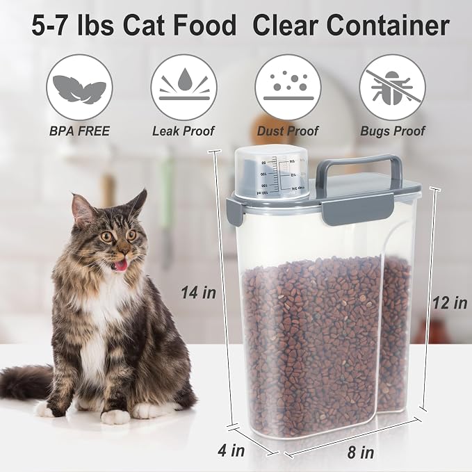 Dog Cat Food Storage Container, Pet Food Pourable Container Airtight with Large Spout & Cup, BPA-Free Plastic Food Dispenser for Pet Food, Bird Seed, Rice, Flour (Dark Gray, 5L)