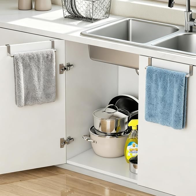 STWWO Over the Door Towel Rack, Kitchen Towel Holder Over Cabinet Door Towel Bar Stainless Steel for Cupboard for Kitchen Dish Towel Holder Hanger Rv Towel Rack, 2 Pack (Brushed Nickel)