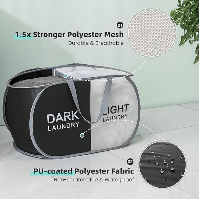 Collapsible Laundry Baskets with 2 Compartments, Black + Begie | 105L, Foldable, Pop up Hamper, Reinforced Durable Laundry Hamper for Home, Laundry, Bathroom, Dorm or Travel