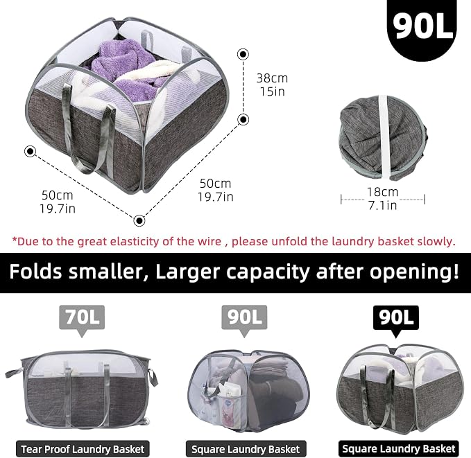 Collapsible Laundry Basket, 90L Tear Proof Mesh Pop-up Hamper | Foldable Storage Clothes Bag with Reinforced Handles for Laundry, Bathroom, Dorm, Travel, Camping, Space-saving, Gray