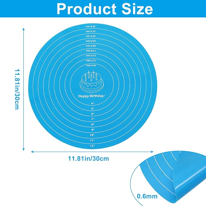 12 Inch Round Silicone Cake Mat with Measurements, Non-Stick Baking Mat for Cake Turntable, Dough Rolling, Cookies & Pizza, Heat Resistant Reusable Pastry Pad(Blue)