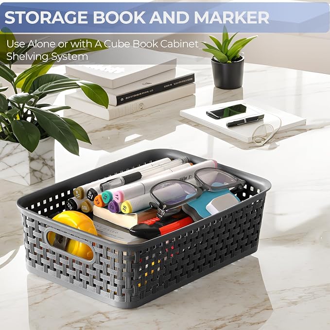 FUCDTEFC Black Plastic Basket, 8 Pack Home Organization and Storage Baskets with Handles, Space Saving Woven Organizer Bins Plastic Storage Basket for Organizing Cabinets,Closets, Shelves, Countertops
