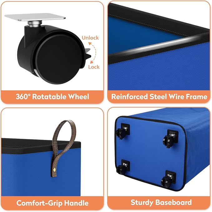 SpaceTrove Rolling Laundry Basket with Wheels, Laundry Hamper, 100L, Blue | Collapsible, 4 detachable wheels including 2 with brakes, sturdy handle, metal frame, for dorms, bathrooms and bedrooms