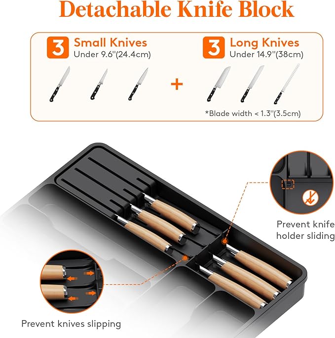 Lifewit Silverware Organizer for Kitchen Drawers, Expandable Utensil Tray with Removable Knife Block, Adjustable Cutlery and Flatware Holder, Plastic Spoon Forks Holder Storage Divider, Black