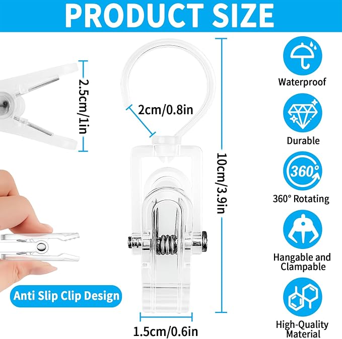 20 PCS Laundry Hooks with Clips Super Strong Plastic Home Travel Swivel Hanging Hanger Closet Organizer Clamps Socks Boot Bras Towels for Bathroom Wardrobe Kitchen Office - 4.3 Inches (Clear)