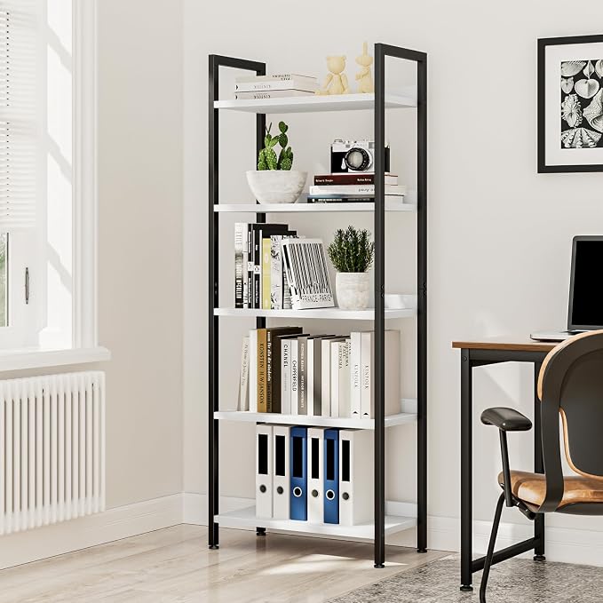 NUMENN Bookshelf, 5 Tier Freestanding Shelving Unit, White&Black | Metal Frame & Wood Shelves, Falling Prevention Baffle, Open Storage Bookcase for Bedroom, Living Room & Home Office