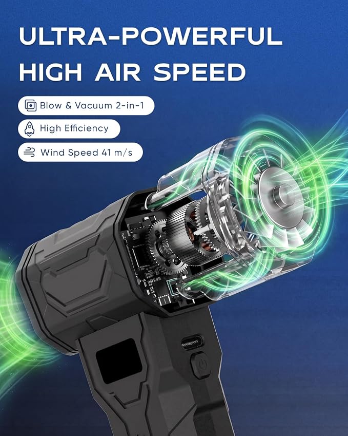 Compressed Air Duster, 2-in-1 Blow & Vacuum, 110,000 RPM Electric Air Duster with 7 Nozzles, Rechargeable Air Blower with LED Light for PC, Keyboard, Electronics, Car Cleaning, USB-C