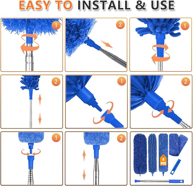 Bendable Microfiber Duster, Dusters for Cleaning Extendable(6PCS) | 100 Inch Telescopic Pole, Washable & Reusable, Stainless Steel Extension Pole, for High Ceiling, Fan, Blinds & Furniture