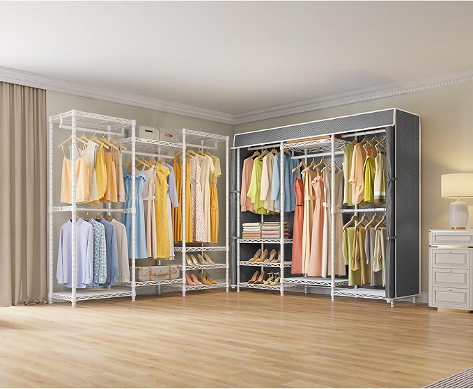 VIPEK V5C Medium Covered Clothes Rack Heavy Duty Portable Closet Wardrobe, Freestanding White Clothing Rack with Grey Upgraded Polyester Cover, Adjustable Custom, 56.7" Lx15.7 Wx76.4 H