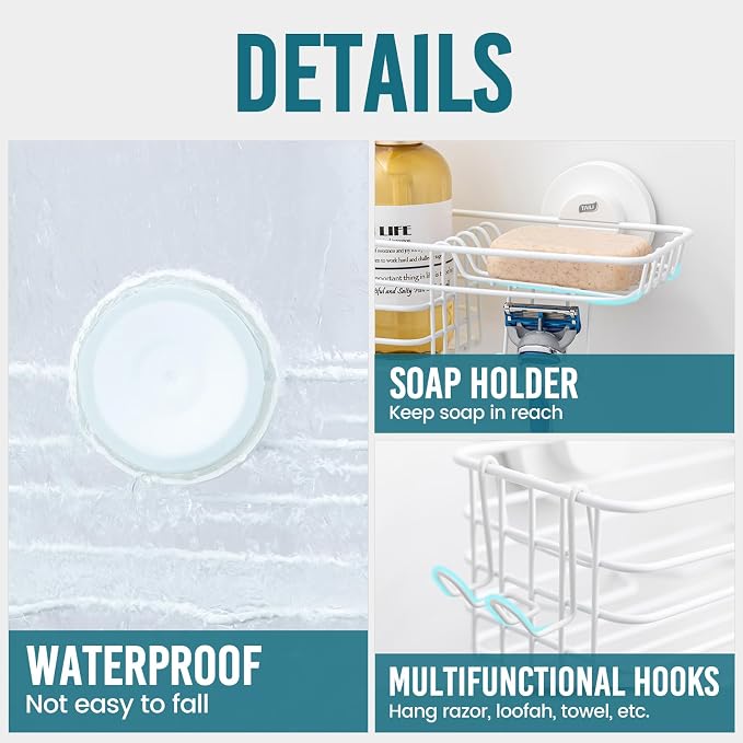 TAILI Shower Caddy Suction Cup 2 Pack with Hooks & Soap Holder, Heavy Duty Shower Organizer for Bathroom, No Drilling Bathroom Organizer with Large Capacity, Metal Storage Holder-White