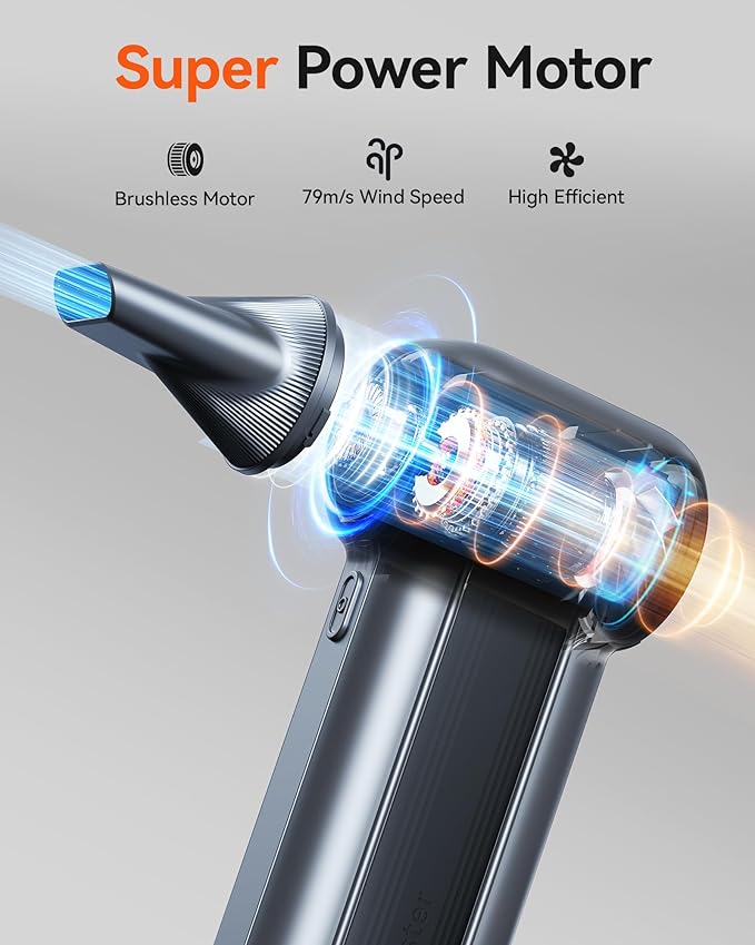 WOLFBOX MF100 Compressed Air Duster, 150000RPM Turbo Fan, 45 m/s Airflow | 3-Gear Adjustable Speed, Type-C Fast Charging, Lightweight 0.66 lb, 5 Nozzles & 2 Brushes, For Computer Keyboard Car Outdoor