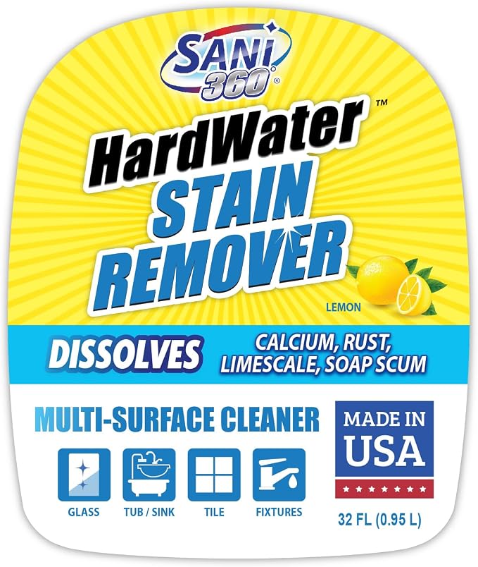 SANI 360° Hard Water Stain Cleaner & Surface Sealant, 32 oz, Lemon Scent | 60-second cleaner and sealant reduces calcium, limescale, rust and soap scum on multiple surfaces; lemon scent, made in USA.