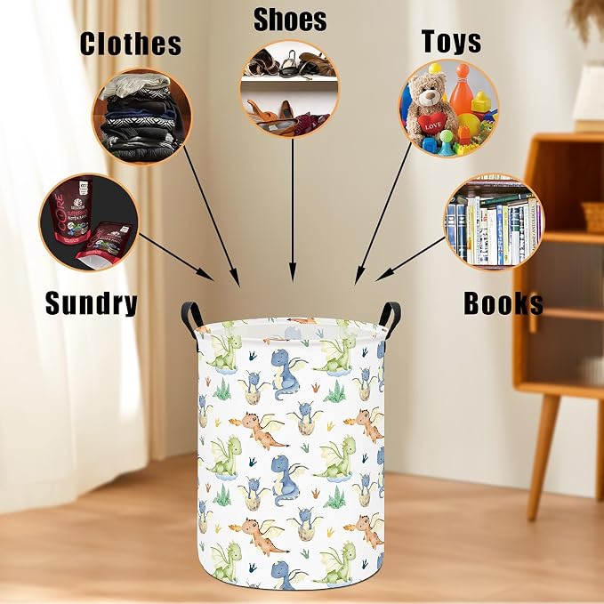 Round Laundry Basket Collapsible Storage Hamper Parent-child Dragon | Waterproof Canvas Foldable Baskets with sturdy Handles Multi-scene Organizer for Home Play Bedroom Gift Bin