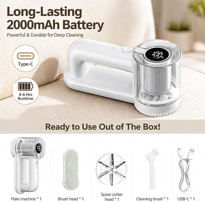 Rechargeable Fabric Shaver Lint Remover, 2-in-1 6-Blade Lint Shaver for Clothes Sweater Furniture, 3-Speed, LED Display, 2000mAh USB-C, 200ml Container, Removes Fuzz & Pilling