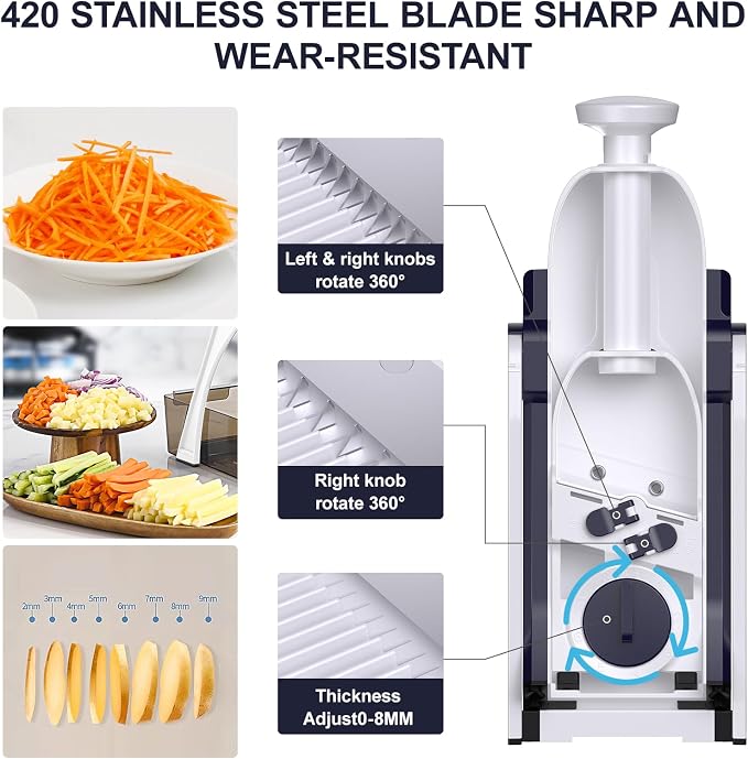 5 in 1 Adjustable Safe Mandoline Slicer for Kitchen with Paring Knife | Safe Mandoline Slicer for Kitchen, Easy to Clean/Storage, Potato Slicing, Strips, Shredding, Dicing, Chop, Cleaning brush