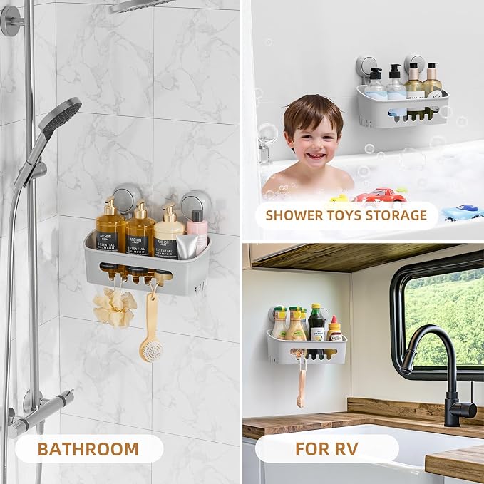 LEVERLOC Shower Caddy Suction Cup Shower Organizer Bathroom Storage Removable Powerful Suction Shower Shelf- Gray 2pack