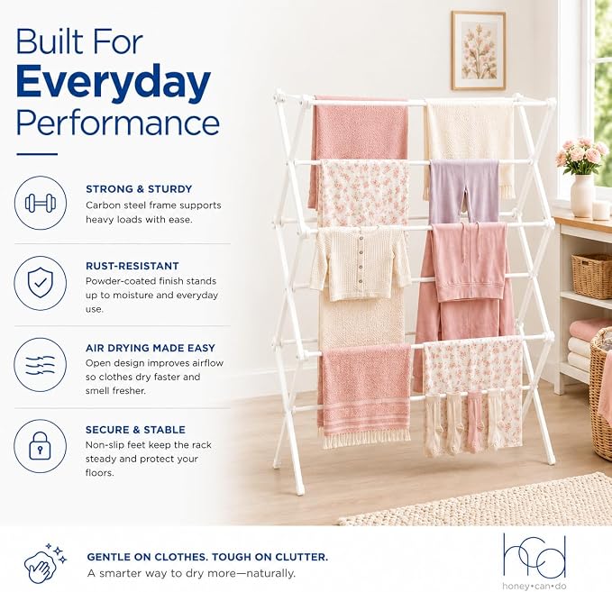 Honey-Can-Do Oversized Clothes Drying Rack, Extra-Wide 35", 50 lb, White | Fits family-size loads of towels, jeans & hoodies; rust-resistant coated steel; folds flat; indoor/outdoor; energy-saving