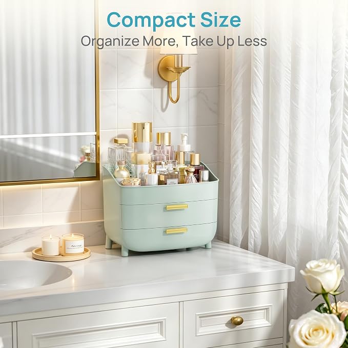 Vtopmart 3-Tier Skincare Makeup Organizer with Drawers, Green | For Vanity and Bathroom Countertop, with Drawers, Large Cosmetic Storage Box Case, , Non-Slip Base