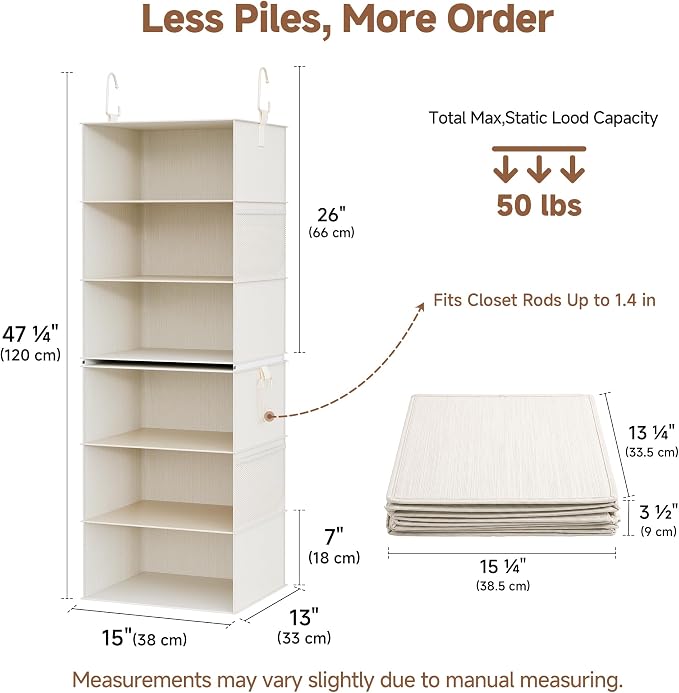 StorageWorks 6-Shelf Jumbo Closet Organizers, Two 3-Shelf Separable Hanging Shelves for Closet, 13 "D x 15" W x 47 ¼" H,Mixing of Beige, White & Ivory