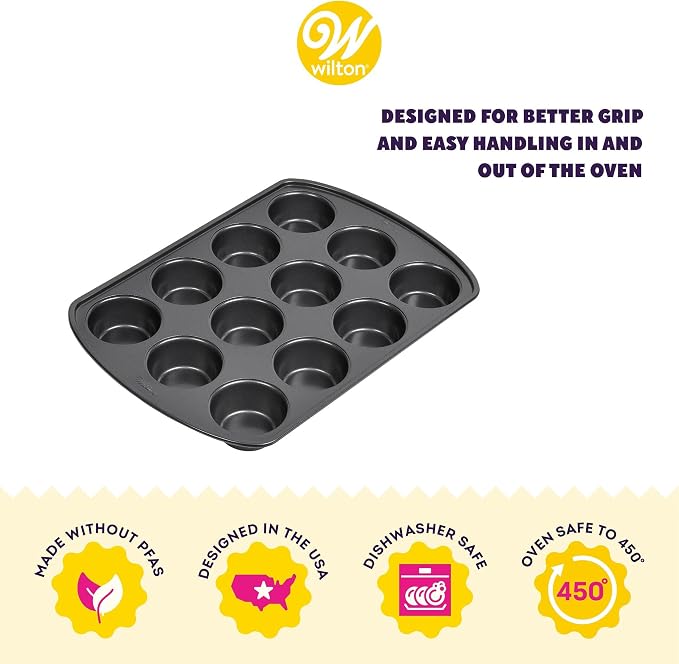 Wilton Gold Non-Stick Bakeware Muffin Pan-Baking Pan for Muffins & Cupcakes-Made Without PFAS,Dent Resistant&Dishwasher Friendly-Offers Even Heat Distribution-10.5 x 15 x 2 Inches, 12 Cup (Pack of 6)
