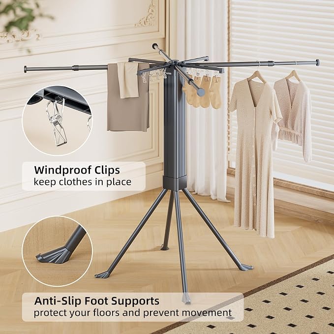 BIREN Clothes Drying Rack Foldable Extending Laundry Rack with 16 Clips Collapsible Clothing Rack Space-Saving Clothing Racks for Hanging Clothes, Indoor, Camping, Balcony, Outdoor