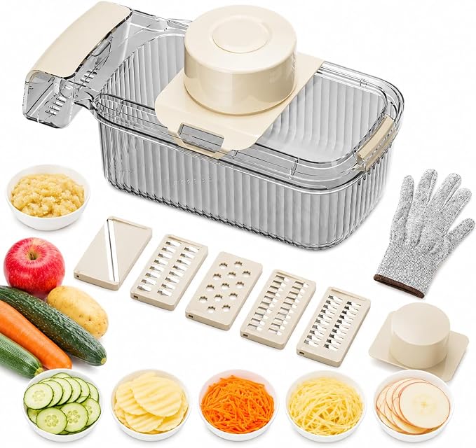 Mandoline Slicer, Vegetable Cutter, Container, Glove & Guard, 5-Blade | Five interchangeable inserts deliver 1.5mm sheets, 3mm and 5mm julienne, wavy edges, plus grated textures for varied recipes.
