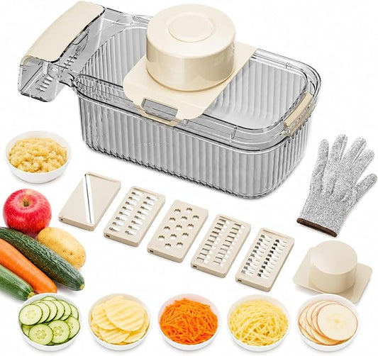 Mandoline Slicer, Vegetable Cutter, Container, Glove & Guard, 5-Blade | Five interchangeable inserts deliver 1.5mm sheets, 3mm and 5mm julienne, wavy edges, plus grated textures for varied recipes.