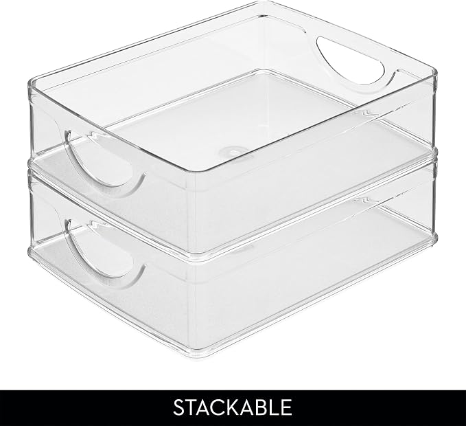 iDesign Plastic Stackable Pantry Bin, Set of 4, Clear | Storage Bin with Handles, For Cabinets or Fridge