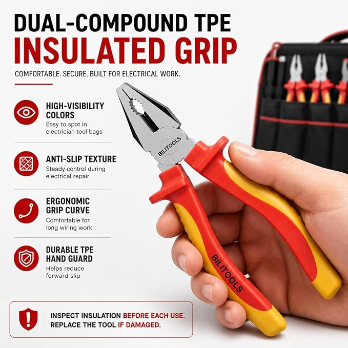 BILITOOLS High Leverage 1000V Insulated Pliers Set, Cr-Mo Electrician Tools | 8" Lineman, Needle Nose, Wire Stripper & 7" Diagonal Cutting Pliers, Multipurpose Stripping & Cutting, Electrician Tools