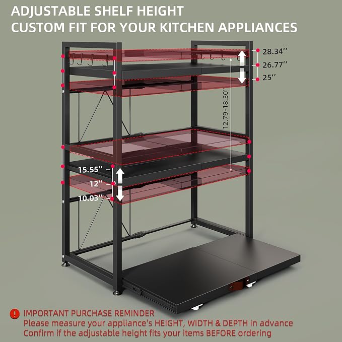 NETEL 3 Tier Expandable Microwave Stand countertop,Microwave Oven Rack | Pull-Out Microwave Shelf, storage shelves for pans &appliances,Adjustable partition height，55 Lbs load Per Tier,Black