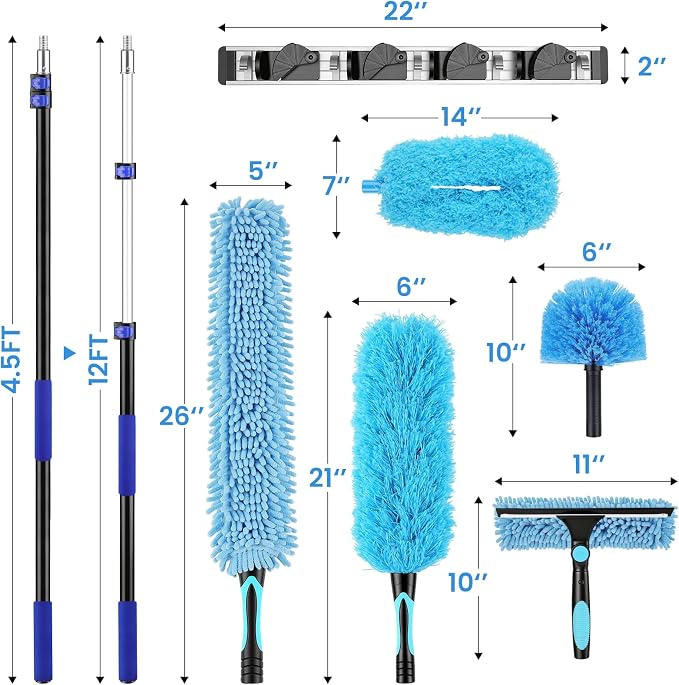 20ft High Reach Extendable Duster Kit with 5-12ft Extension Pole - Ceiling Fan Blade Cleaner, Spider Web Brush Cobweb Remover, Window Squeegee Kit with Telescoping Wand, Extended Extra Long Handle