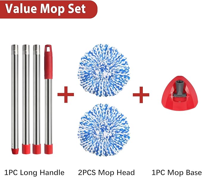 Spin Mop Set Compatible with O Cedar Rinse Clean 2-Tank System, Include 2 Blue Mop Heads Replacements, 1 Base, 1 Mop Handle (30-58in) Combo, Microfiber Spin Mop Replacement Head Replacement