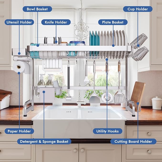 LIVOD Over The Sink Dish Drainer Drying Rack, 2 Tier Full Stainless Steel Storage Adjustable Length Kitchen Rack, Multifunctional Expandable Counter Organizer, Space Saver Dish Rack