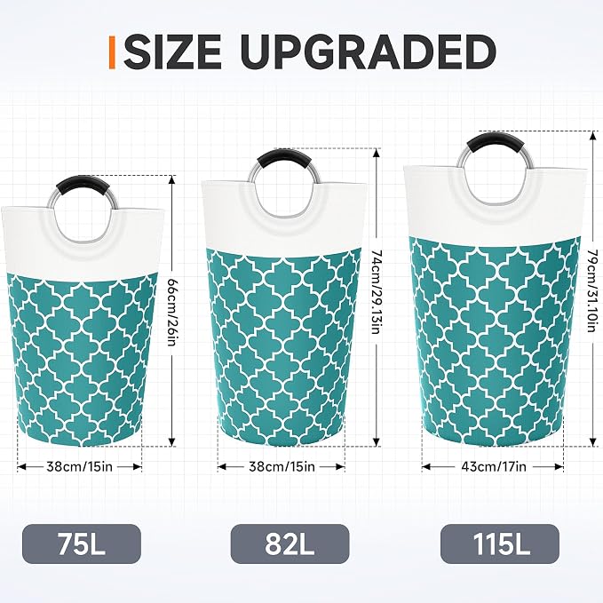 Large Laundry Basket, 75L Tall Collapsible Hamper with Handles, Green | Freestanding Laundry Hamper, Waterproof Dirty Clothes Storage Bag for College, Bathroom, Foldable Washing Bin for Travel