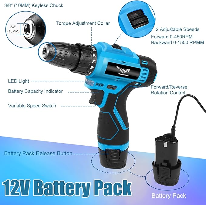 JENABOM Tool Set - 12V Cordless Drill Kit, 146 Piece Home Tool Set With Power Drill, Tool Kits for Men & Women, Perfect for Homeowner, Diyer, Handyman