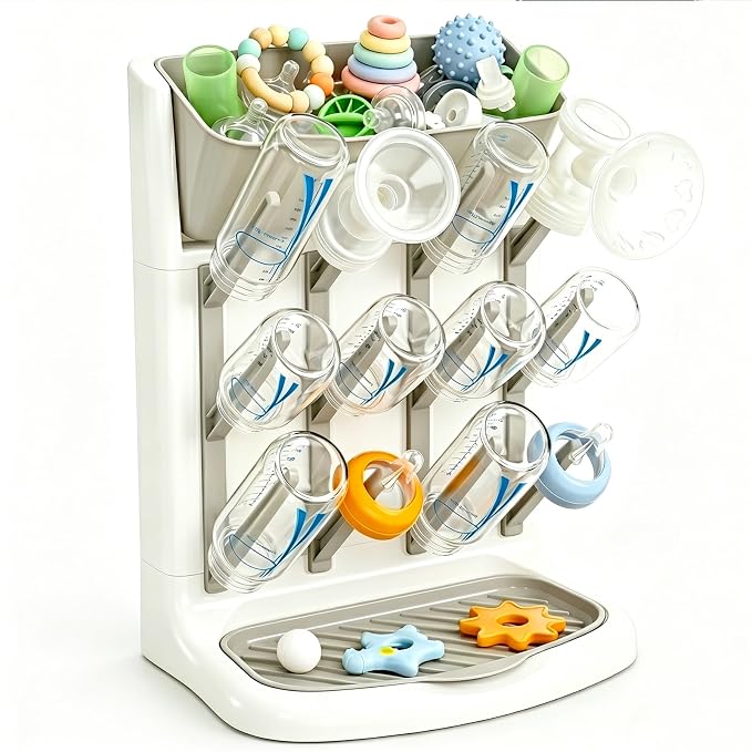 GoMaihe Baby Bottle Drying Rack: Space Saving Vertical Bottle Dryer Holder | The Large Top Compartment Storage Stand Organize Brushes Pacifiers on Countertop - BPA-Free - Gray